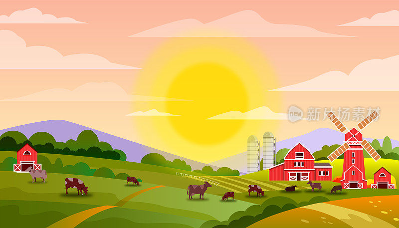 Milk farm landscape with cows, green fields, sun, mill, red barn, morning sky.
